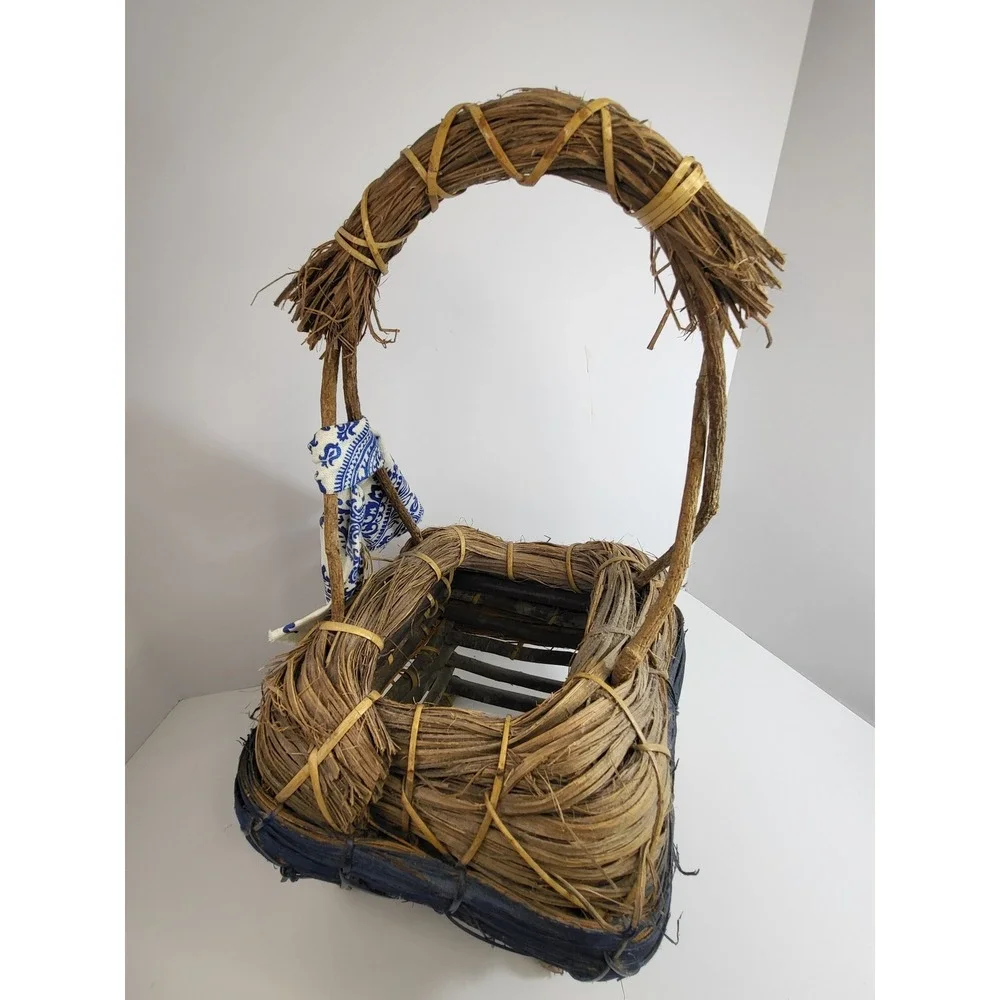 Vintage Asian Style Gathering Basket - Rustic Woven Harvest Decor Basket